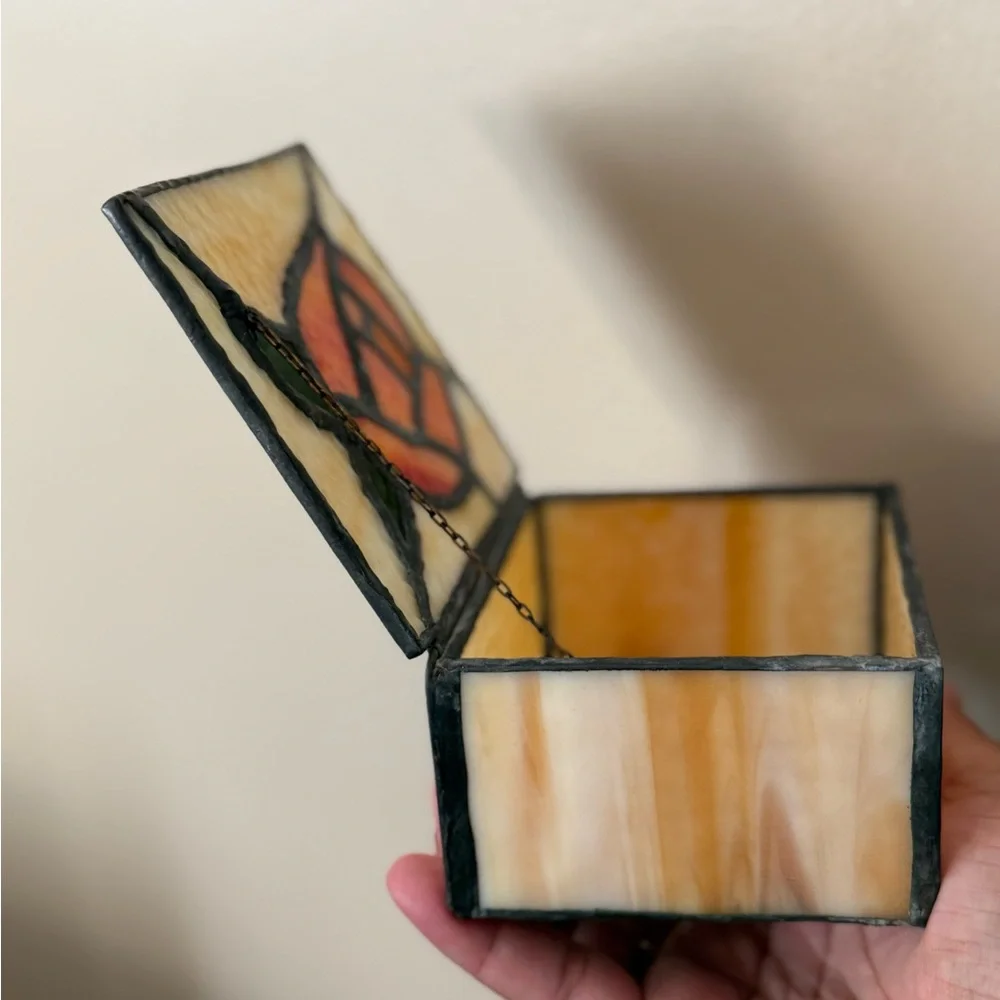 VTG Stained Glass Trinket Box Lovely‎ Tiffany Style Orange Rose Flower 4.5x4” T